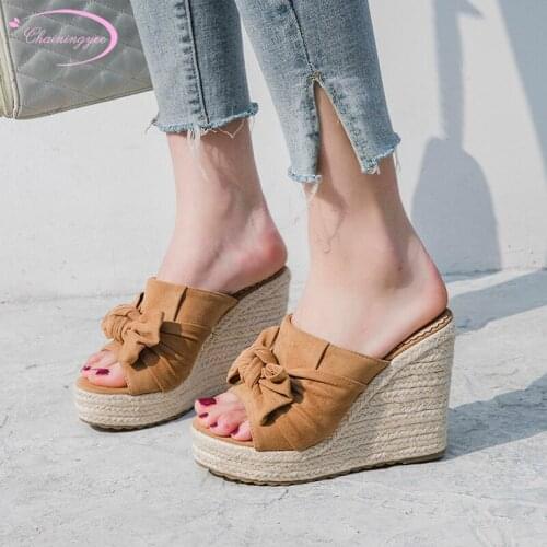 Casual style sexy pointed toe nubuck summer slippers fashion bow apricot black camel hemp rope high heel womens shoes big size