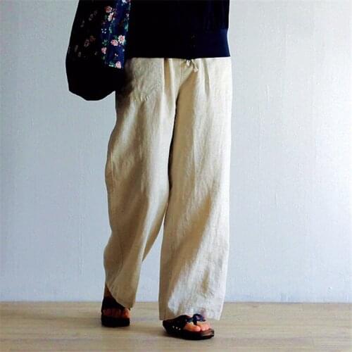 Johnature Women Straight Pants Vintage Linen Trouser 2021 Spring New Elastic Waist Pockets Solid Color Loose Female Casual Pants