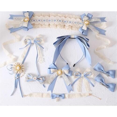 Lolita Lace Trim KC hair pin Pearls Bow Handwork Hair Accessories Headwear Womens Headdress B1376