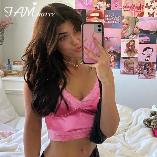 Iamhotty 90s Aesthetic Patchwork Lace Crop Top Women Harajuku Gym Streetwear Aesthetic Clothes Ladies Korean Vintage Croped T