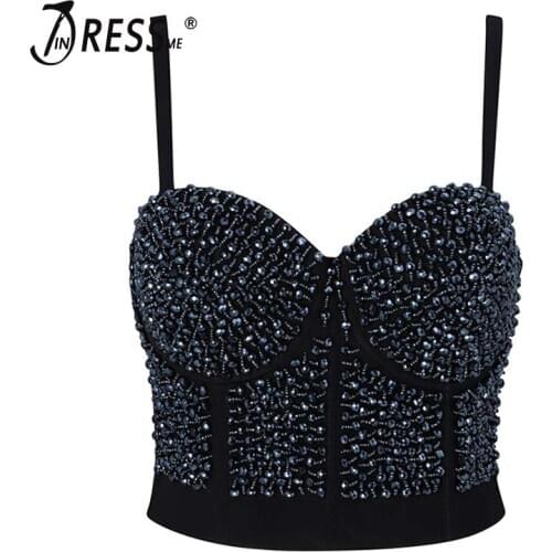 INDRESSME 2019 New Punk Sexy Sling Backless Crop Tops Crystal beads Push Up Bralette Detachable Straps Women Nightclub Party Bra