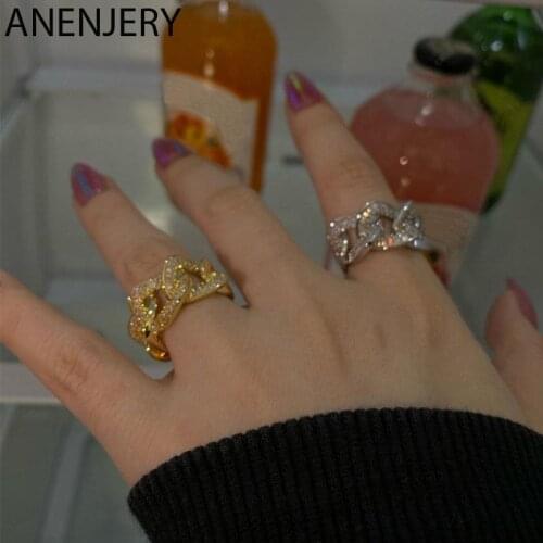 ANENJERY Vintage 925 Sterling Silver Inlaid Zircon Chain Shape Opening Rings for Women Light Luxury Shiny French Niche Jewelry
