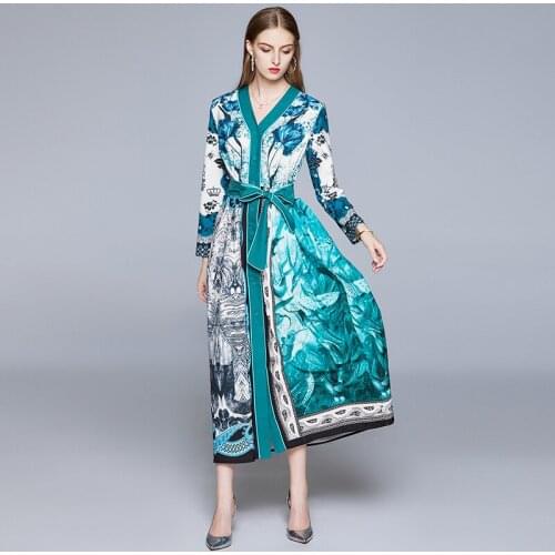 Runway Summer Fall Maxi Dress Women Single-breasted Loose Dress Green Floral Print Boho Beach Long Dress With Belt k1081