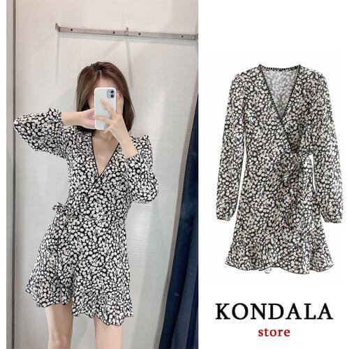 KONDALA 2020 women retro floral pattern wrap dress V neck cross bow ruffles long sleeve female chic mini dresses vestido