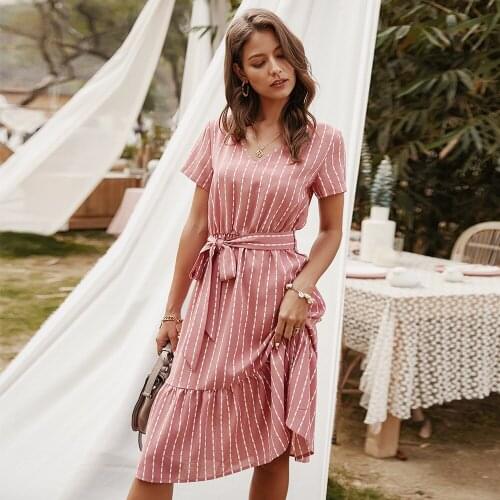 Summer Women Sexy Striped Dresses V-neck Short Sleeve High Waist Fitness A-line Dress Elegant Bandage Casual Beach Robe Vestidos