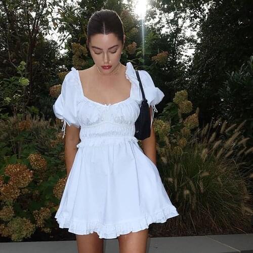 New Summer Woman Dress Puff Sleeve Solid White U Neck High Waist Party Dresses Clothes