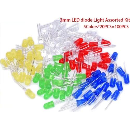 100pcs 5Colors*20PCS 3mm LED Light White Yellow Red Green Blue Assorted Kit DIY LEDs Set electronic diy kit
