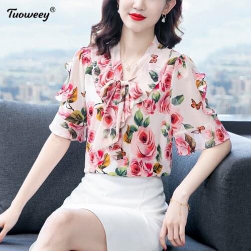 2021 Fashion Floral Print Chiffon Blouse Shirt Loose ruffle Tops Casual Summer Ladies Female Women short Sleeve Blusas Pullover