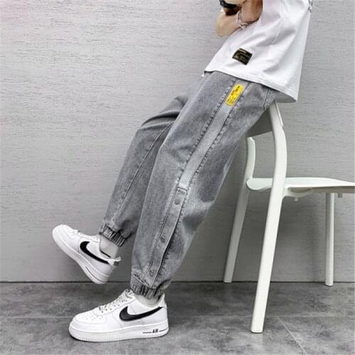 2021 Spring Autumn Mens Stitching Light-colored Loose Jeans Fashion New Mens Ninth Trousers Harem Pants Elastic Waist Pant