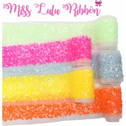 3"75mm Scatter Sequin Ribbon (Back Side with Tulle, 9.5cm Width Added 1cm Edge Both Side) 25.5yards/Pack(3*8.5y/r) Hair Bowknots