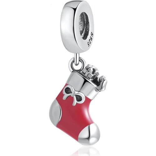 Authentic S925 Beads Red Enamel Festive Stocking Pendant Hanging Charm fit Lady Bracelet Bangle DIY Jewelry