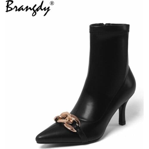 Brangdy Ankle Boots For Women High Heels Sexy Zipper Short Boots Women Cow Leather Brown Black Metal Decoration Shoes Lady