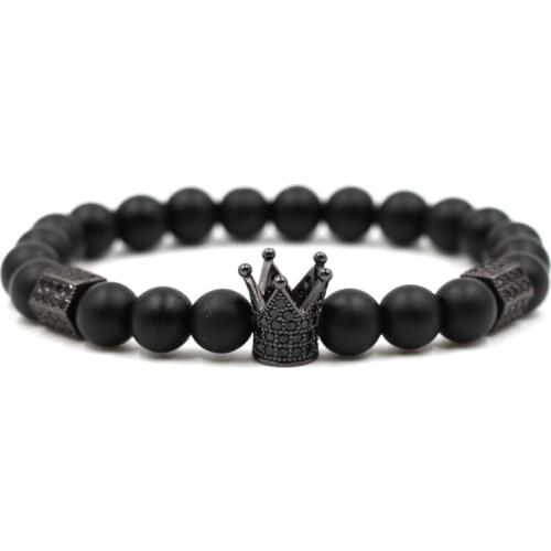 Charm Matte Black stones 8mm Beads Bracelet Pave CZ 4 color Crown Bracelets for Women and Men DIY Handmade Jewelry Pulseras Gift