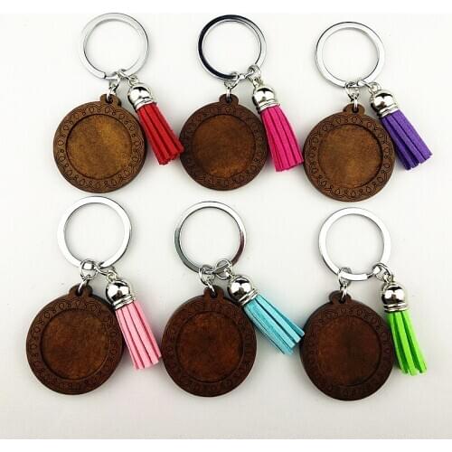 Jiangzimei 24pcs log color brown sunflower cats 25mm Wood Cabochon Stainless Steel Keychain Blank Wooden pendant with tassels