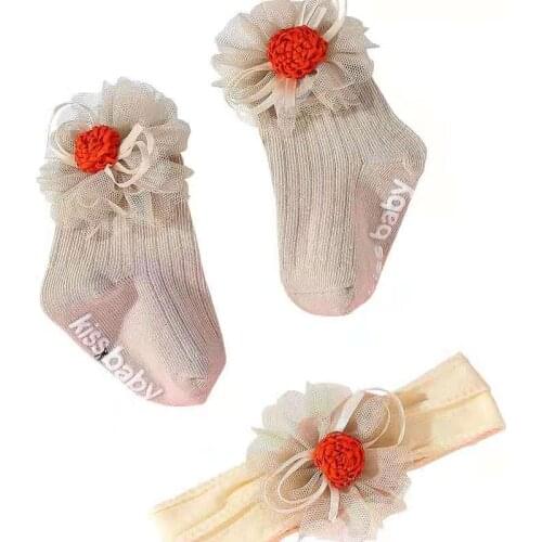 3-24Month Baby Headband Socks Set Girl Boy Yarn Flower Headwear Breathable Knitted Cotton Socks Four Seasons Anti-slip