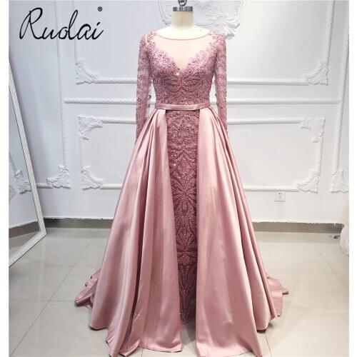 Dubai Luxury Evening Dresses Long Heavy Beaded Illusion Long Sleeves Prom Dress 2020 robe de soiree Party Formal Dresses