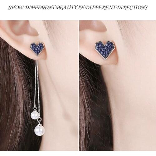 Long Tassel Drop Earrings Elegant Women Charming Jewelry Korean Style Heart Shape Earrings Blue Crystal Pearl Ears Rings Fashion