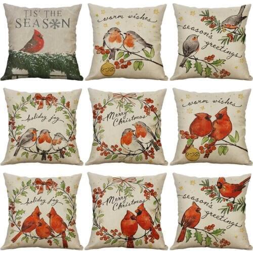 Cotton Linen Birds And Flowers Sofa Waist Cushion Cover Decor Xmas Christmas 18'' Pillow Case Cover Home Festive Gift 45*45 cm