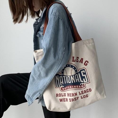 Large-Capacity Travel Canvas Bag Womens Single Shoulder Simple Letter Ins Literary Student School Bag Canvas Shopping Bag
