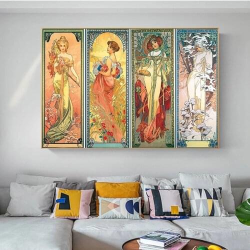 Vintage Alphonse Mucha Times of Day Canvas Painting Woman Posters and Prints Wall Art Picture for Living Room Home Decor Cuadros