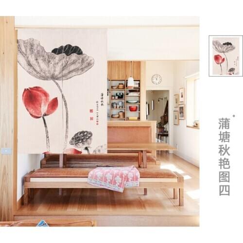 Chinese style classical lotus mountain wind window blind water Japanese curtain cotton and linen curtain porch decorations