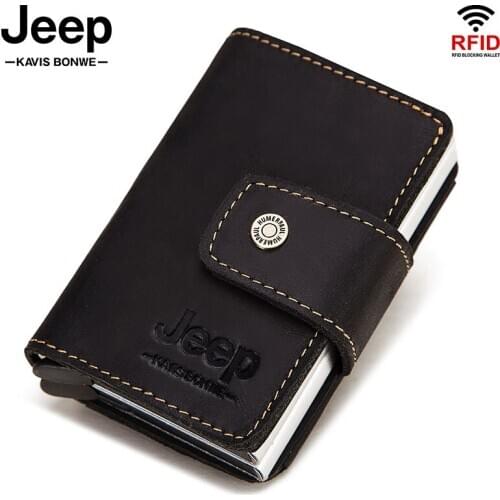 Rfid Blocking Business ID Card Case Crazy Horse Leather Men Credit Card Holders Automatic Aluminium Bank Card Wallets Coin Purse