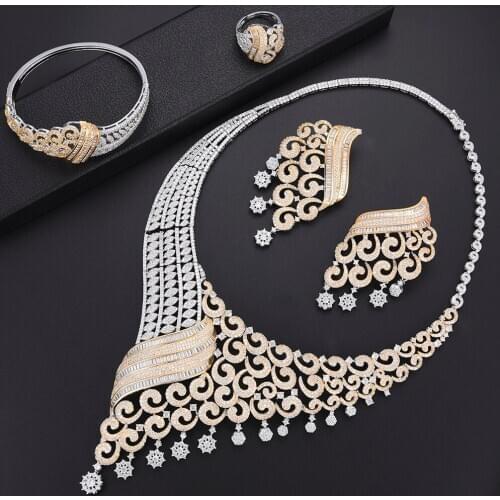 LARRAURI 4PCS Cubic Zirconia Inlaid Collar Necklace Earrings Bangle Ring Wedding Jewelry Sets Luxury Women bridal Jewelry sets