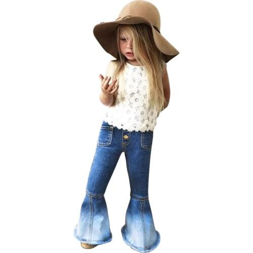 Summer 2 Pieces Kids Suit Set Girls Lace Floral Round Neck Short Sleeve Tops Gradient Flare Jeans