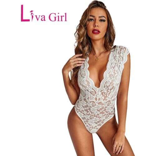 LIVA GIRL White Sexy Scalloped Plunging Neck Backless Lace Bodysuit Woman 2021Summer Sleeveless Tops Female Bodycon Jumpsuit S-L