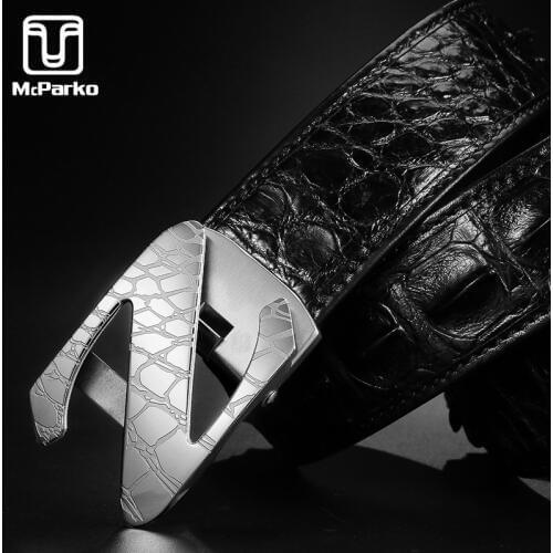 McParko Luxury Mens Belt Crocodile Genuine Leather Waist Belt For Men Stainless Steel Buckle Crocodile Back Skin Belts for suits