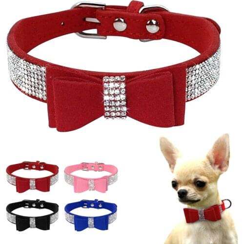 Soft Seude Leather Puppy Dog Collar Bling Rhinestone Bowknot Kitten Cat Collars For Small Medium Dogs Cats Chihuahua Pink XXS-M