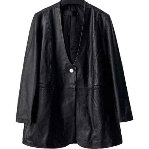 2021 Autumn New Leather Womens Long V-neck Sheepskin Windbreaker Casual Korean Coat