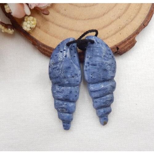 Wholesale gemstone,Birthday gift,Natural Blue Coral Carved Conch Earrings,Fashion Earrings Jewelry,35x12x5mm4.5g
