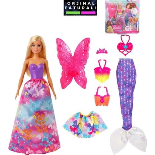 Original Barbie Doll Dreamtopia Dress Up Doll Gift Set, 12.5-Inch, Blonde with Princess, Fairy and Mermaid Costumes, Gift Toys