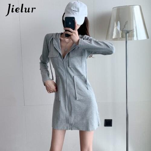 Jielur Knit Dress Women Long Sleeve Solid Color Casual Korean Dress Zipper Pockets Basic Vestidos Sexy Office Lady Mini Dresses