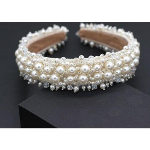 New White Luxury Handmade Shining Full Small Pearl Crystal Beaded Flower Catwalk Headband Hair Accessories Bridal Headwear735