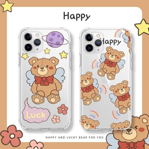 Retro sweet Tie angel bear kawaii transparent Phone Case For iPhone 11 12 Pro Max Xr Xs Max 7 8 Plus 7Plus case Cute Soft Cover