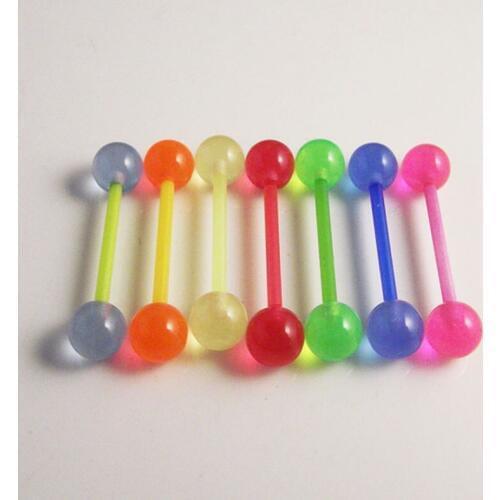 SaYao 7pcs Free Shipping 14G Candy Color Glow in the dark Acrylic UV Tongue Ring Barbell Body Piercing Jewelry