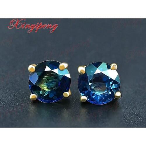 18 k yellow gold with 100% natural sapphire studs earrings Blue green color of fire Fine jewelry contracted