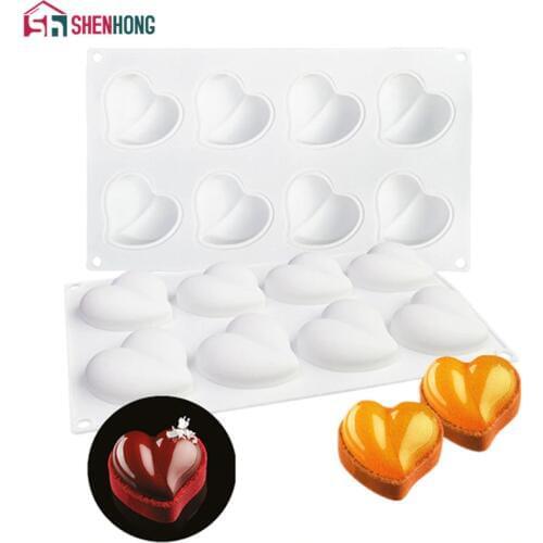 SHENHONG 8 Hole Heart Tart Decoration Dessert Silicone Tartlet Pastry Cake Mold For Baking Valentines Day Wedding Mousse Mould