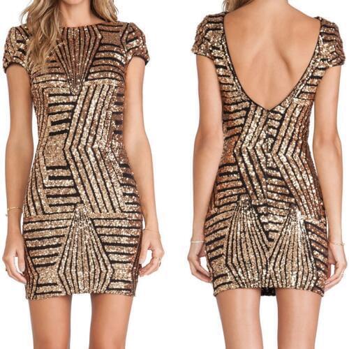 Sexy Mini Dress Women Short Sleeve Sequin Dresses Backless Bodycon Gold Silver Black Dress Party Club 2019 New