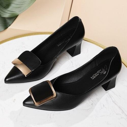 Women Retro Pointed Toe Thick Heels Slip On Pumps Lady Genuine Leather Shoes