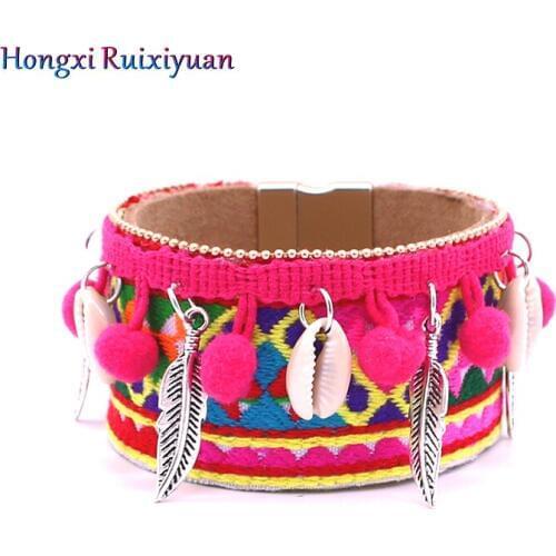Bohemian Style Bracelet Fashion Leather Shell Tassel Alloy Feather Color Bracelets for Women Handmade Magnetic Bracelet Jewelry