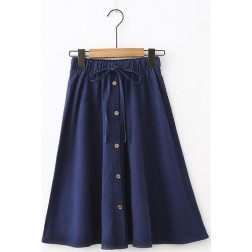 Simple Solid Elastic Waist White Skirts Forwomen Summer 2020 Cotton Single-breasted Knee-length Lace Up Womens Skirts Female