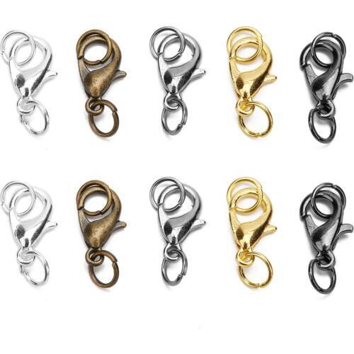 50pcs 10 12 14mm Metal Lobster Clasps Hooks With Jump Rings Gold Color End Clasps Connectors Necklace Findings Jewelry Making