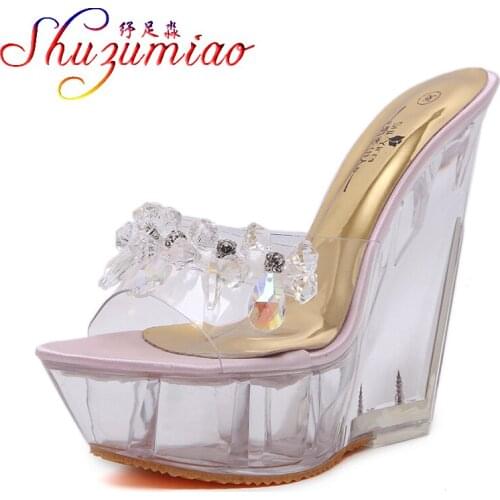 Female Summer New Women High Quality Sandals Pink Slippers High-heeled 14cm Platform 4cm Wedges Transparent Crystal Waterproof