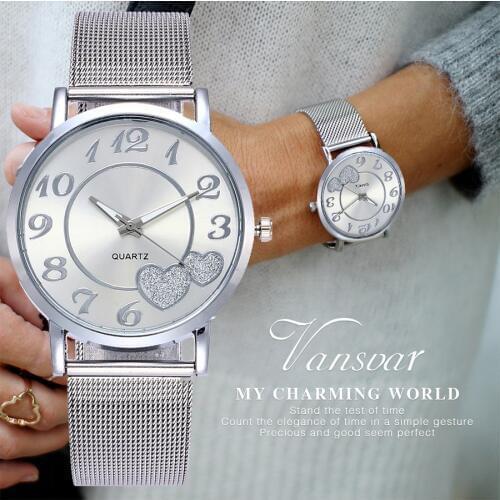 Vansvar Brand Fashion Silver Gold Mesh Band Love Dial Wristwatch Casual Women Quartz Watches Gift Relogio Feminino