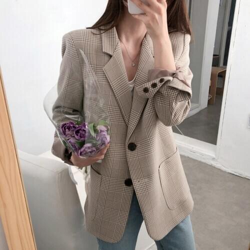 2020 Spring Autumn Elegant Single-breasted Women Blazer Jacket Retro Plaid Female Suit Coat Women Blazers Outerwear b423