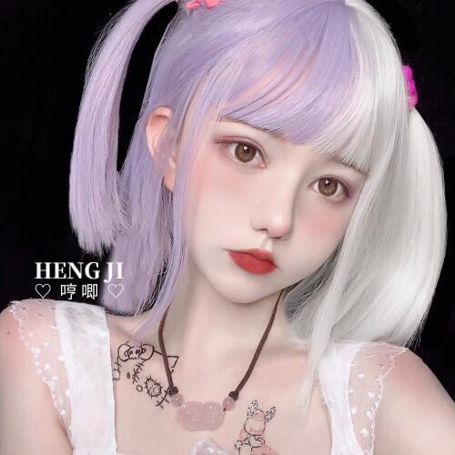 Heng Ji Wig Womens Short Straight Hair Lolita Color Matching New Hair Lolita round Face Harajuku Net Red Wig July Lolita wig