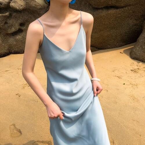 2021 Summer Women Long Satin Dress Sexy Maxi Party Dress Dress Spaghetti Strap Silk Slip Dress HB79